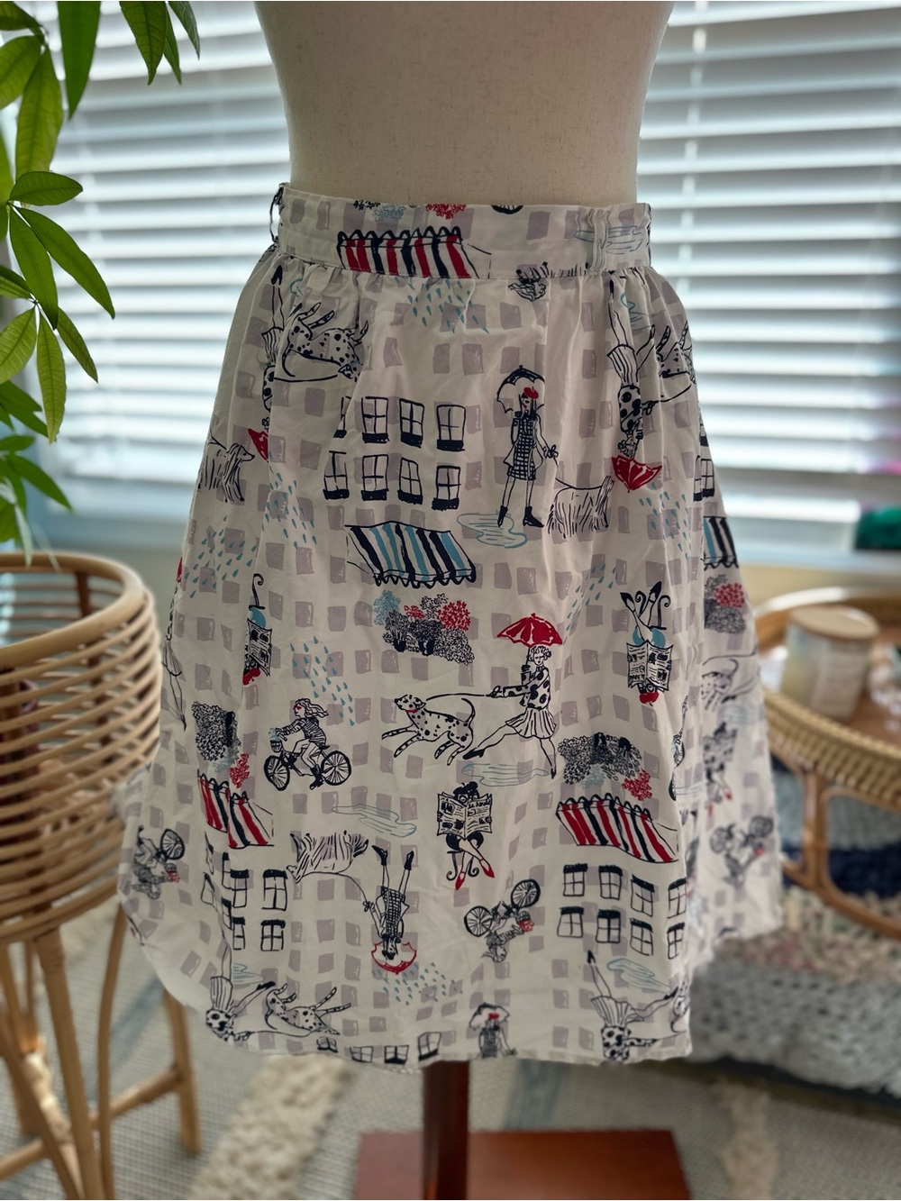 100% Cotton ModCloth White Printed A-Line Skirt with Red & Blue Accents